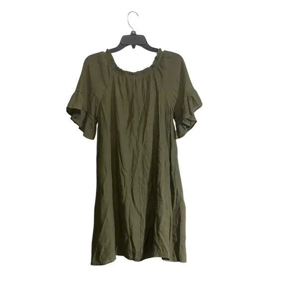 Naif Tunic Dress Small Olive Green Ruffle Sleeve O Ring Popover Boho Casual - Picture 2 of 7